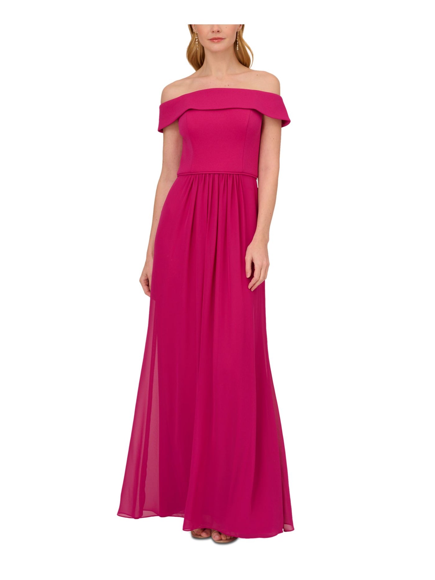 ADRIANNA PAPELL Womens Pink Zippered Lined Foldover Neckline Chiffon Skirt Cap Sleeve Off Shoulder Full-Length Evening Gown Dress 2