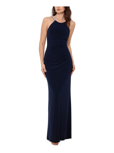 BETSY & ADAM Womens Navy Jersey Zippered Embellished Lined Padded Sleeveless Halter Full-Length Party Gown Dress Petites 10P