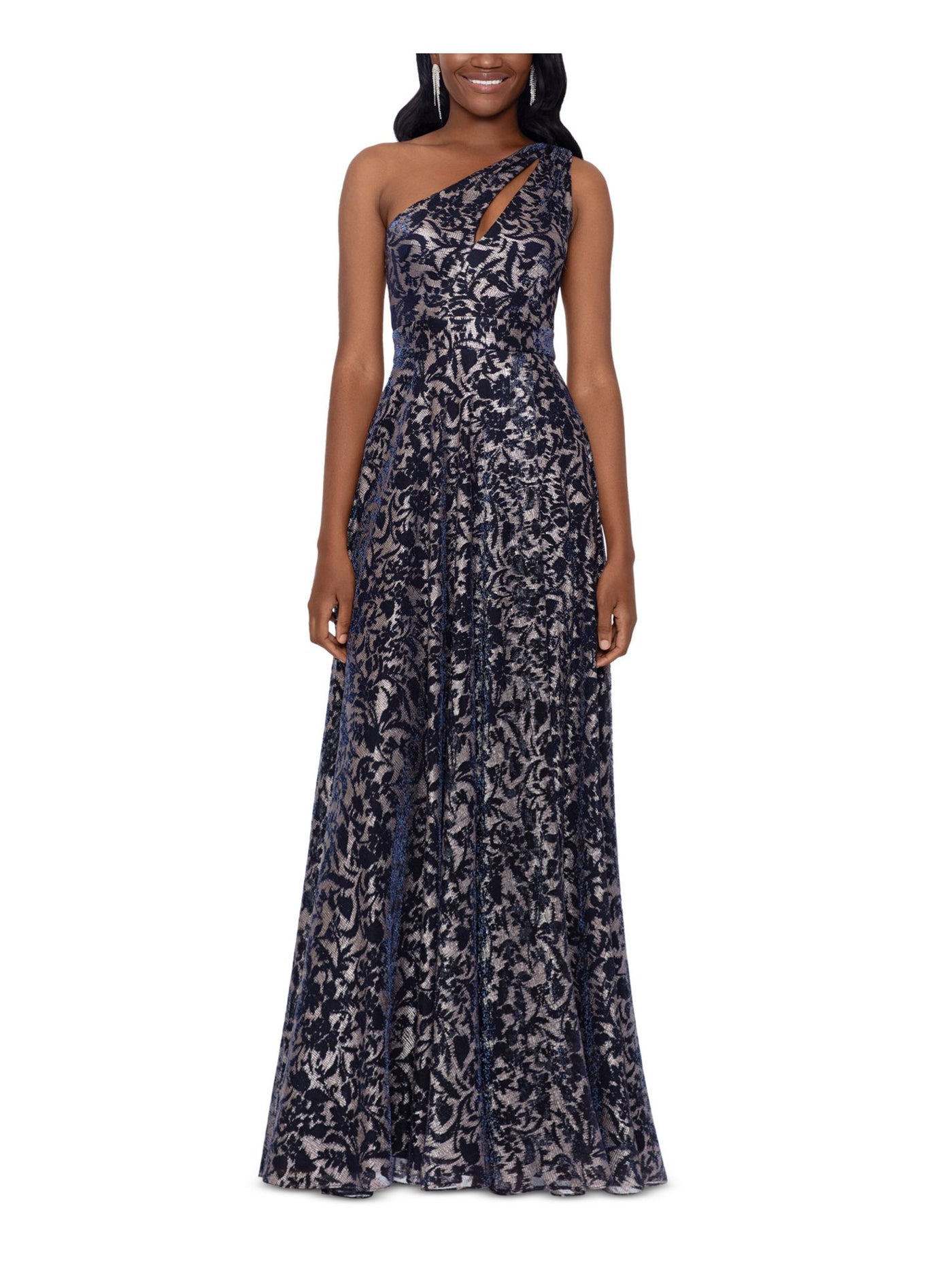 BETSY & ADAM Womens Navy Cut Out Zippered Faux-wrap Skirt Lined Sleeveless Asymmetrical Neckline Full-Length Formal Gown Dress 2