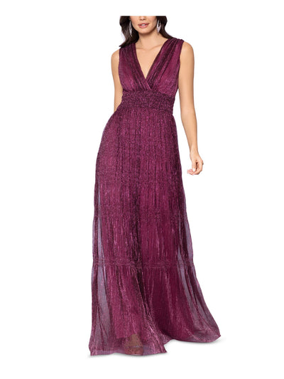 BETSY & ADAM Womens Burgundy Smocked Metallic Lined Zippered Sleeveless Surplice Neckline Full-Length Formal Gown Dress 4