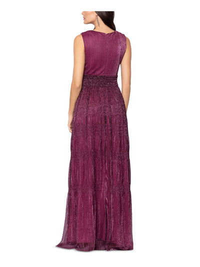 BETSY & ADAM Womens Burgundy Smocked Metallic Lined Zippered Sleeveless Surplice Neckline Full-Length Formal Gown Dress 4