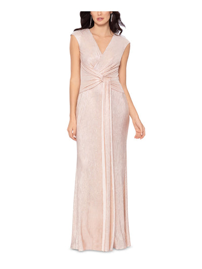 BETSY & ADAM Womens Pink Zippered Lined Knot Accent Front Waist Cap Sleeve Surplice Neckline Full-Length Formal Gown Dress 8