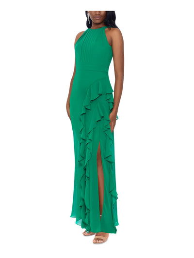 BETSY & ADAM Womens Green Zippered Ruffled Tie Back Front Slit Lined Sleeveless Halter Full-Length Formal Gown Dress 14