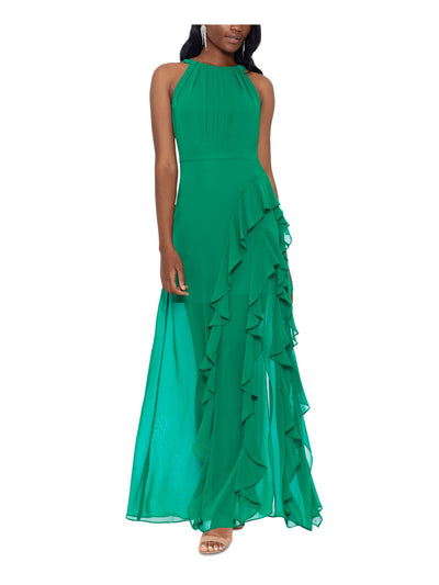 BETSY & ADAM Womens Green Zippered Ruffled Tie Back Front Slit Lined Sleeveless Halter Full-Length Formal Gown Dress 14