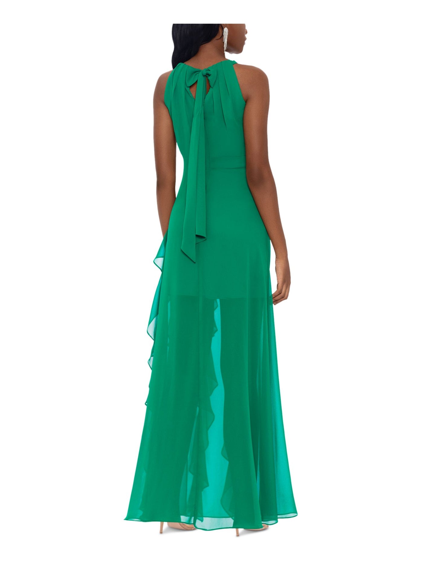 BETSY & ADAM Womens Green Zippered Ruffled Tie Back Front Slit Lined Sleeveless Halter Full-Length Formal Gown Dress 14