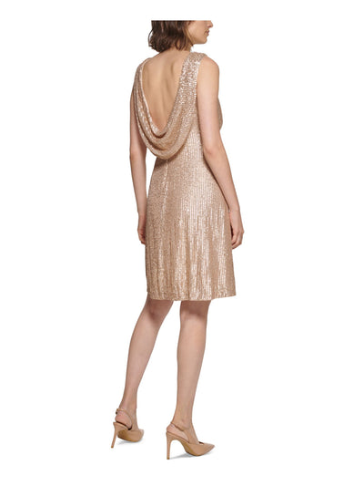 CALVIN KLEIN Womens Beige Sequined Zippered Cowl Back Ruched Lined Sleeveless Boat Neck Above The Knee Evening A-Line Dress 4
