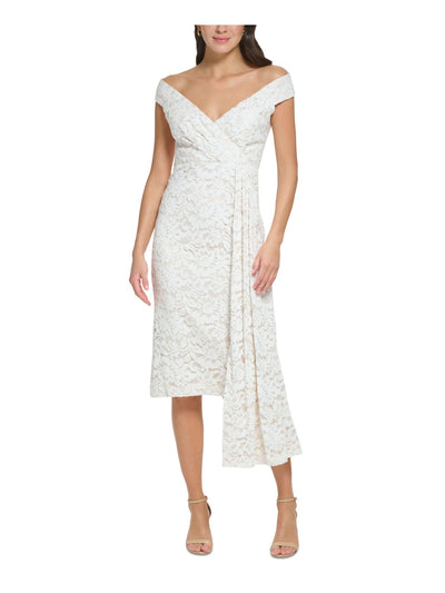 ELIZA J Womens Ivory Cotton Zippered Lined Back Slit Asymmetrical Hem Sleeveless Surplice Neckline Midi Evening Sheath Dress Petites 6P