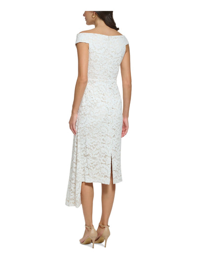 ELIZA J Womens Ivory Cotton Zippered Lined Back Slit Asymmetrical Hem Sleeveless Surplice Neckline Midi Evening Sheath Dress Petites 6P
