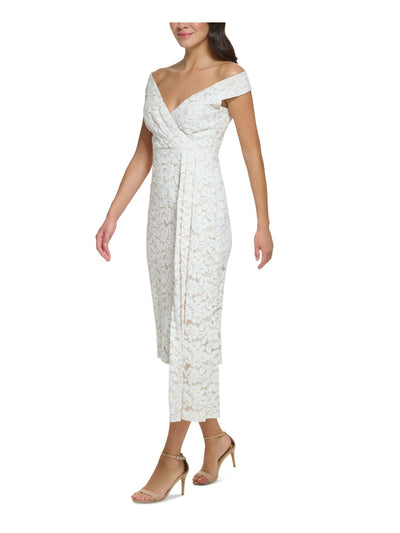 ELIZA J Womens Ivory Cotton Zippered Lined Back Slit Asymmetrical Hem Sleeveless Surplice Neckline Midi Evening Sheath Dress Petites 6P
