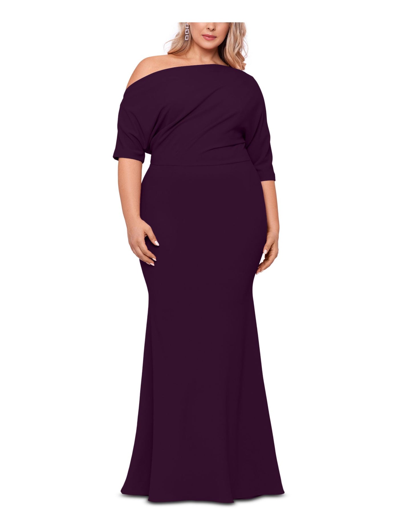 BETSY & ADAM Womens Purple Zippered Lined Gathered Dolman Sleeve Asymmetrical Neckline Full-Length Evening Gown Dress Plus 22W