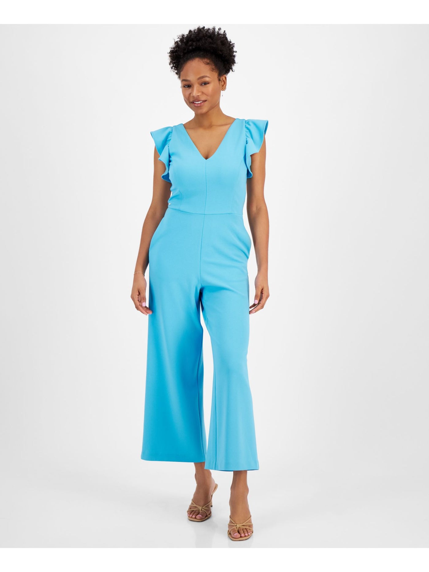RACHEL RACHEL ROY Womens Light Blue Stretch Zippered Pocketed Flutter Sleeve V Neck Wear To Work Cropped Jumpsuit XL