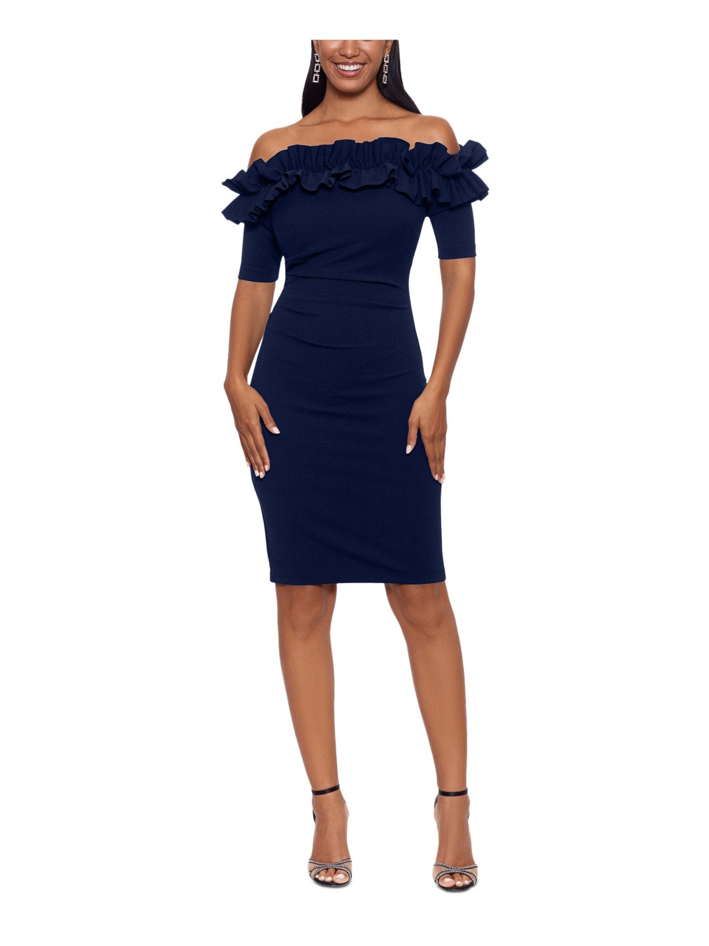 XSCAPE Womens Navy Ruffled Zippered Boning In Bodice Short Sleeve Off Shoulder Above The Knee Party Body Con Dress 10