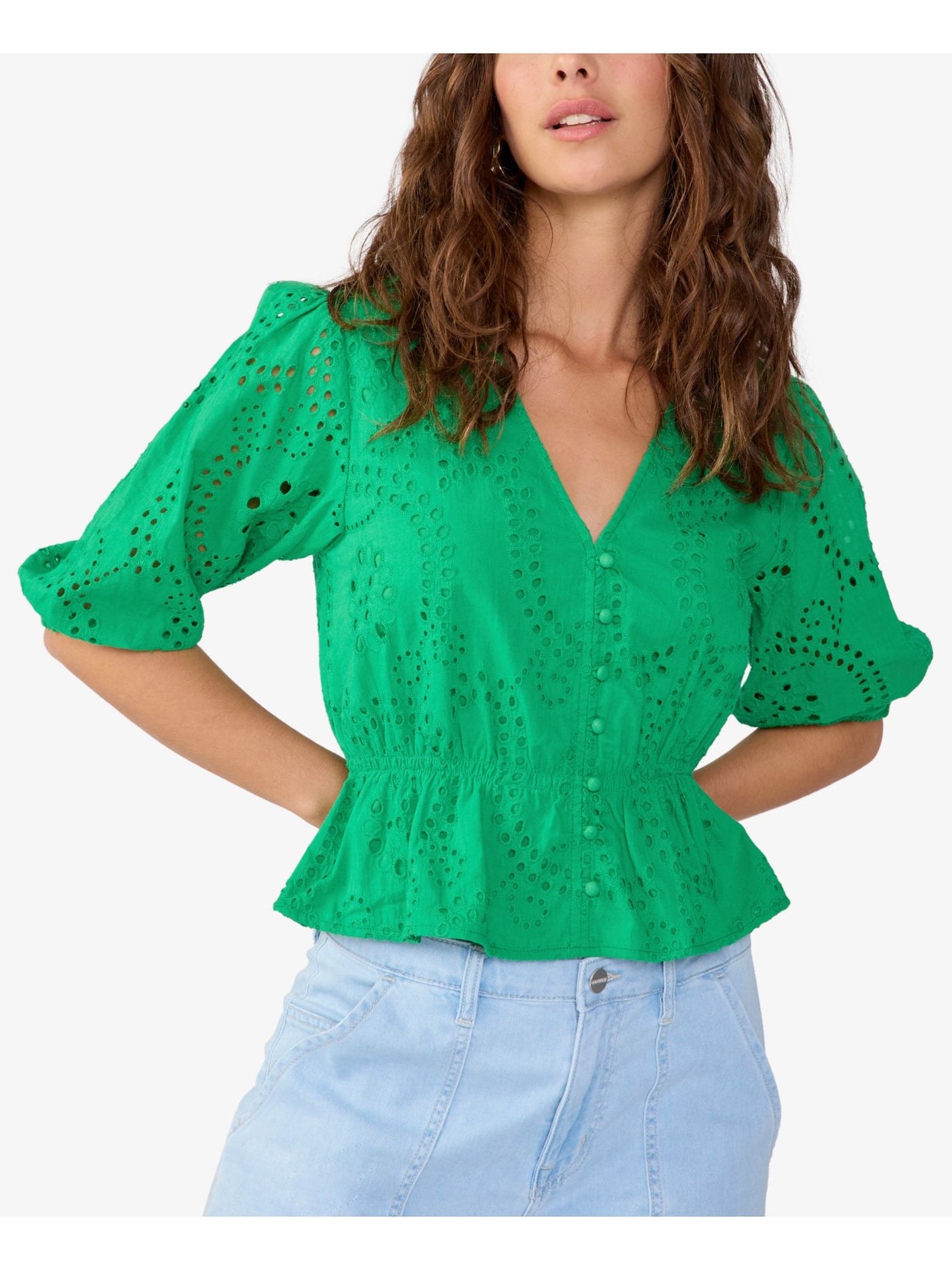 SANCTUARY Womens Green Eyelet Lined Button Accents Elbow Sleeve V Neck Peplum Top XXS