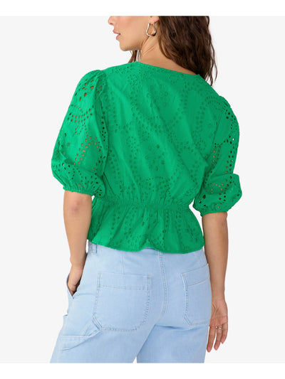 SANCTUARY Womens Green Eyelet Lined Button Accents Elbow Sleeve V Neck Peplum Top XXS