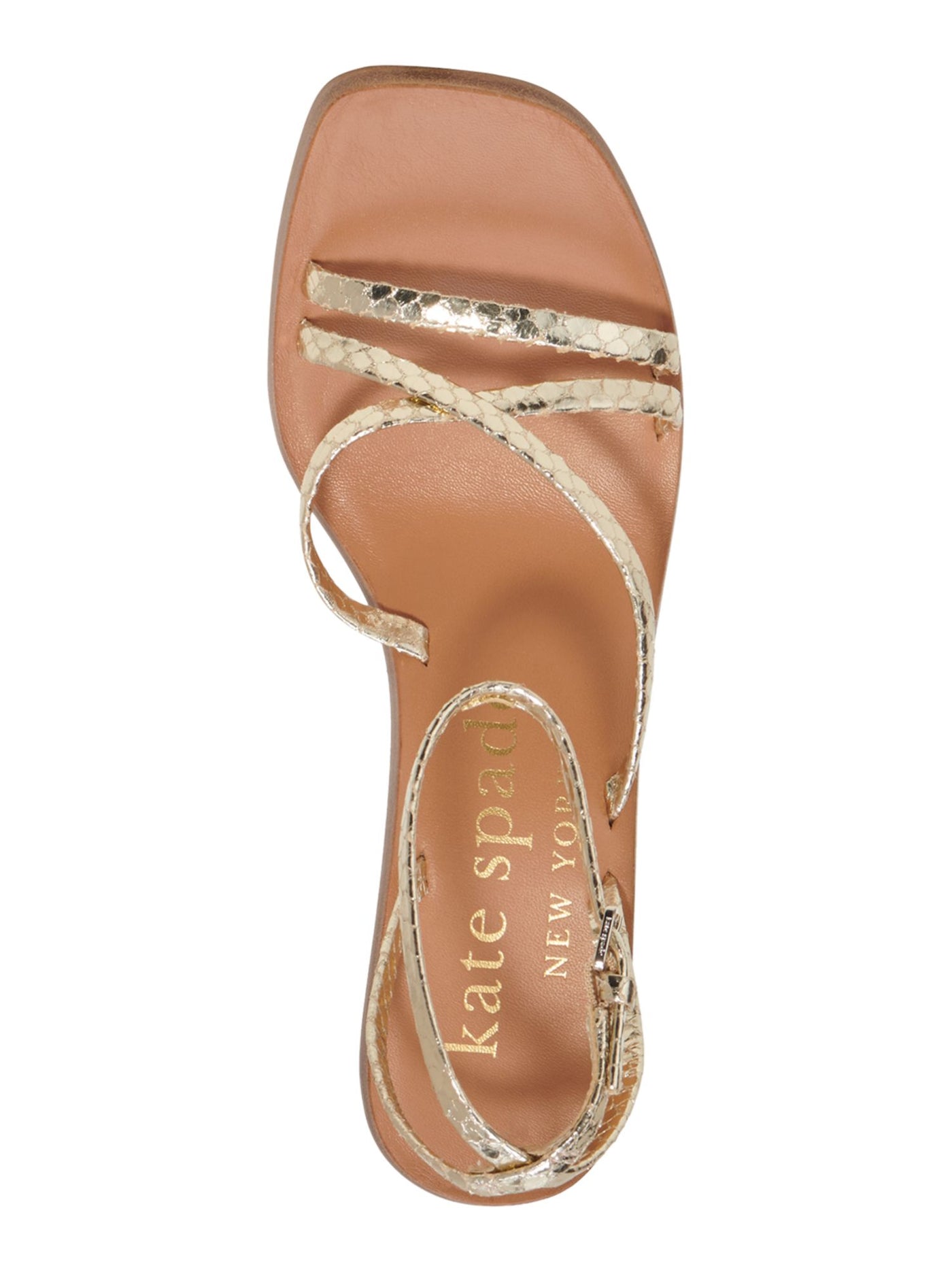 KATE SPADE NEW YORK Womens Gold Snake Asymmetrical Padded Metallic Ankle Strap Charmer Square Toe Sculpted Heel Buckle Leather Dress Heeled Sandal 10