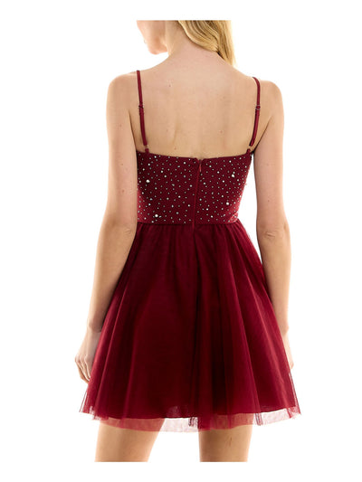 CITY STUDIO Womens Maroon Embellished Zippered Lined Spaghetti Strap Cowl Neck Short Party Fit + Flare Dress 1\2