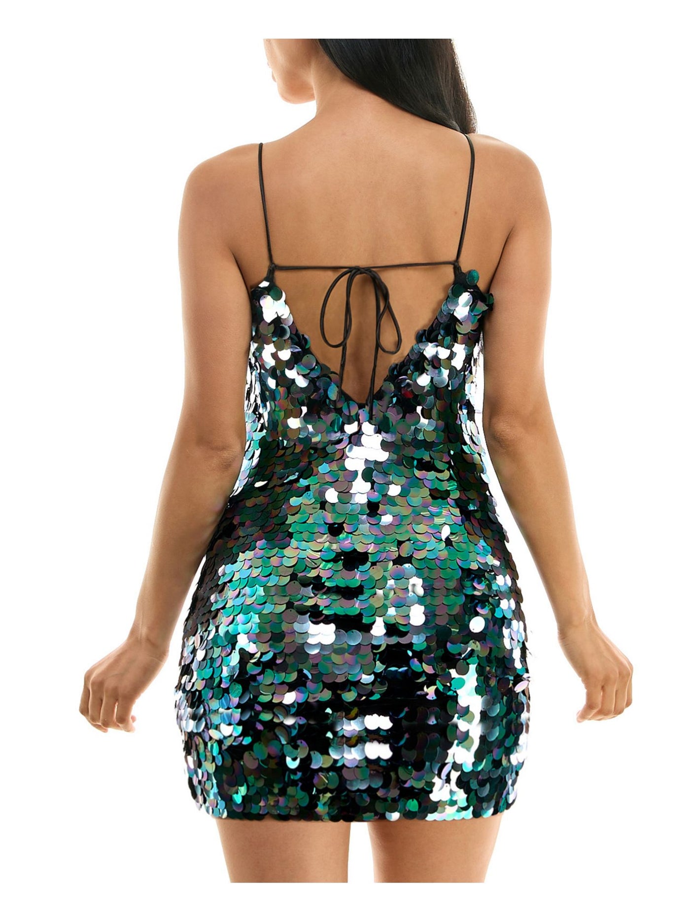 CITY STUDIO Womens Green Lined Back Tie Spaghetti Strap Scoop Neck Mini Party Body Con Dress Juniors XL