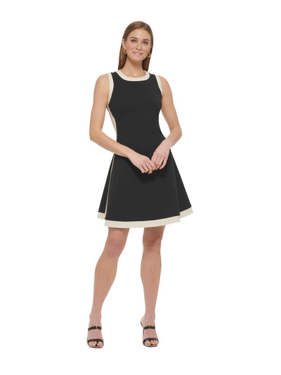 DKNY Womens Black Zippered Unlined Contrast Trim Color Block Sleeveless Crew Neck Above The Knee Fit + Flare Dress Petites 12P