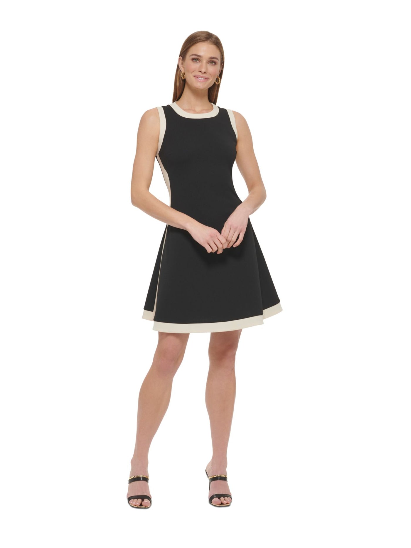 DKNY Womens Black Zippered Unlined Contrast Trim Color Block Sleeveless Crew Neck Above The Knee Fit + Flare Dress Petites 2P