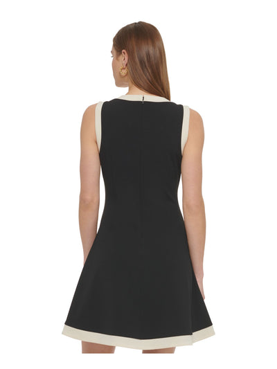 DKNY Womens Black Zippered Unlined Contrast Trim Color Block Sleeveless Crew Neck Above The Knee Fit + Flare Dress Petites 2P