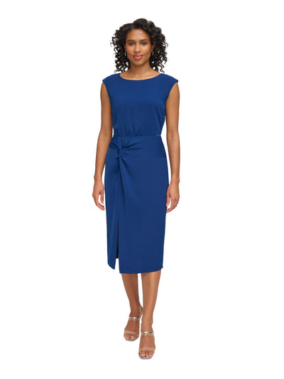 DKNY Womens Blue Zippered Slitted Twist Detail Lined Sleeveless Boat Neck Midi Wear To Work Sheath Dress 4