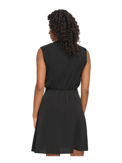 DKNY Womens Black Gathered Self-tie Waist Pullover Sleeveless Split Above The Knee Fit + Flare Dress 10