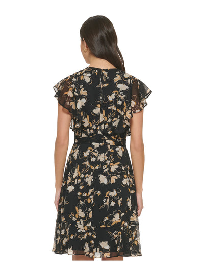 DKNY Womens Black Twist Front Zippered Flounce Hem Lined Floral Flutter Sleeve V Neck Above The Knee Party Fit + Flare Dress 2