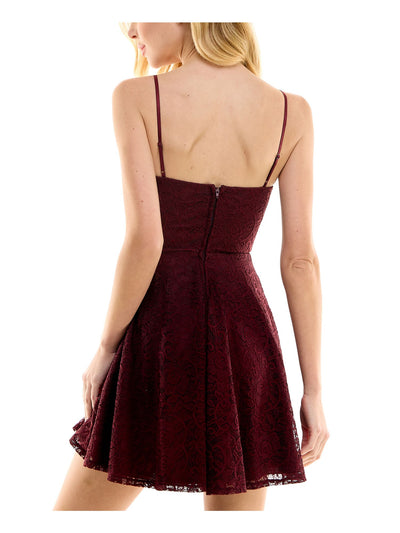 CITY STUDIO Womens Maroon Zippered Pleated Lace Banded Adjustable Spaghetti Strap Scoop Neck Mini Party Fit + Flare Dress Juniors L