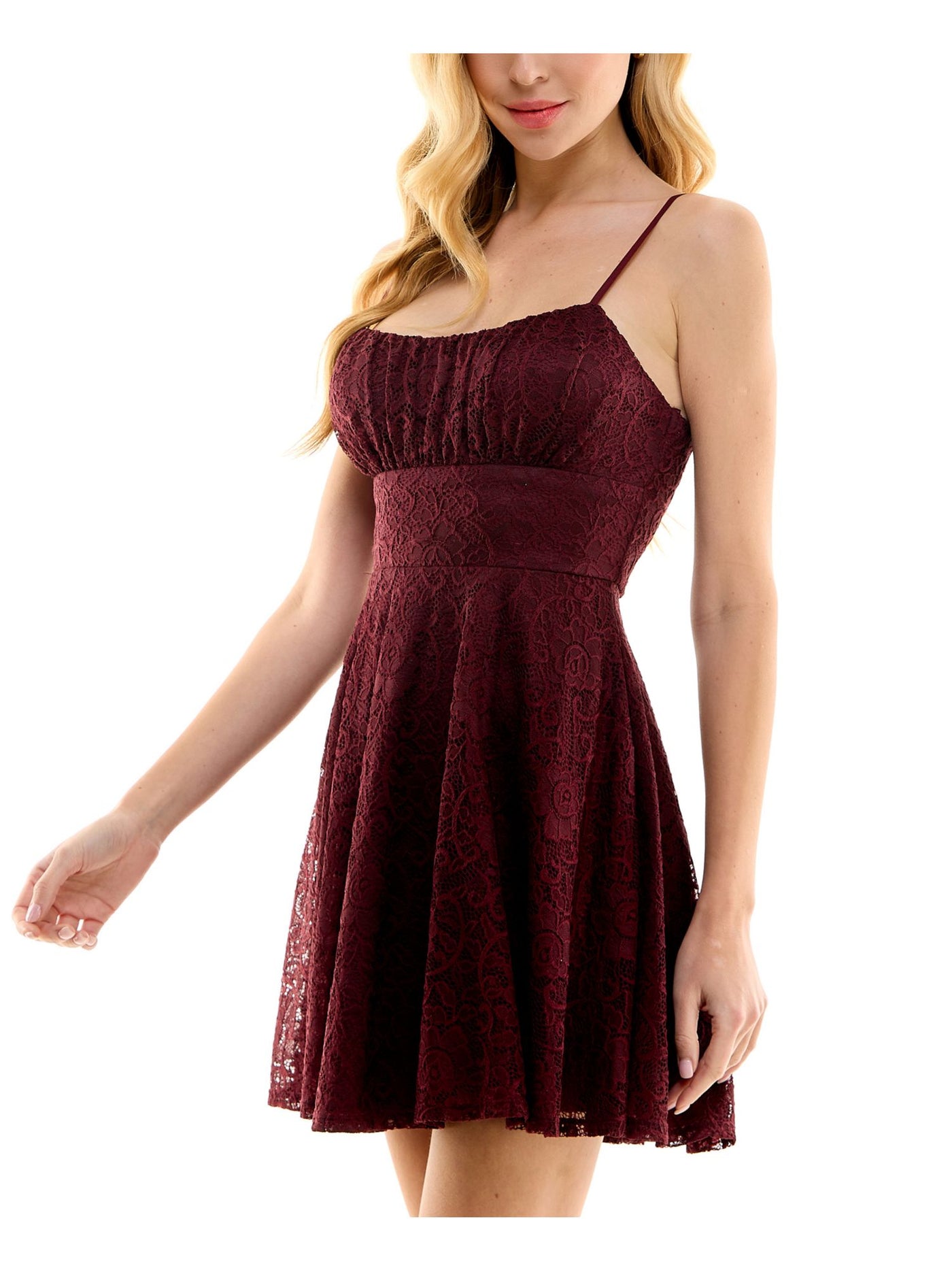 CITY STUDIO Womens Maroon Zippered Pleated Lace Banded Adjustable Spaghetti Strap Scoop Neck Mini Party Fit + Flare Dress Juniors L