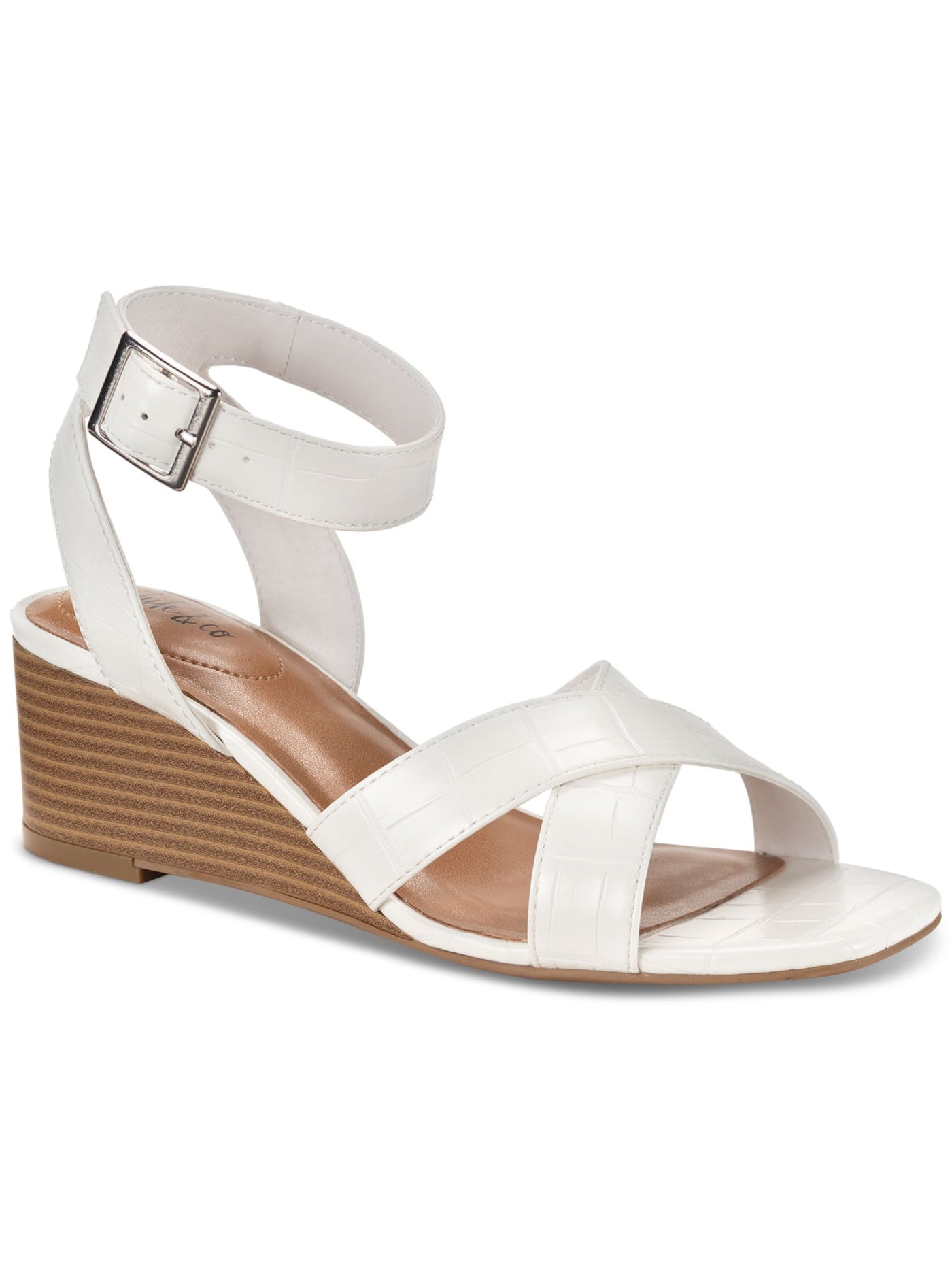 STYLE & COMPANY Womens White Croc Ankle Strap Cushioned Leezaa Square Toe Wedge Buckle Heeled Sandal 6 M