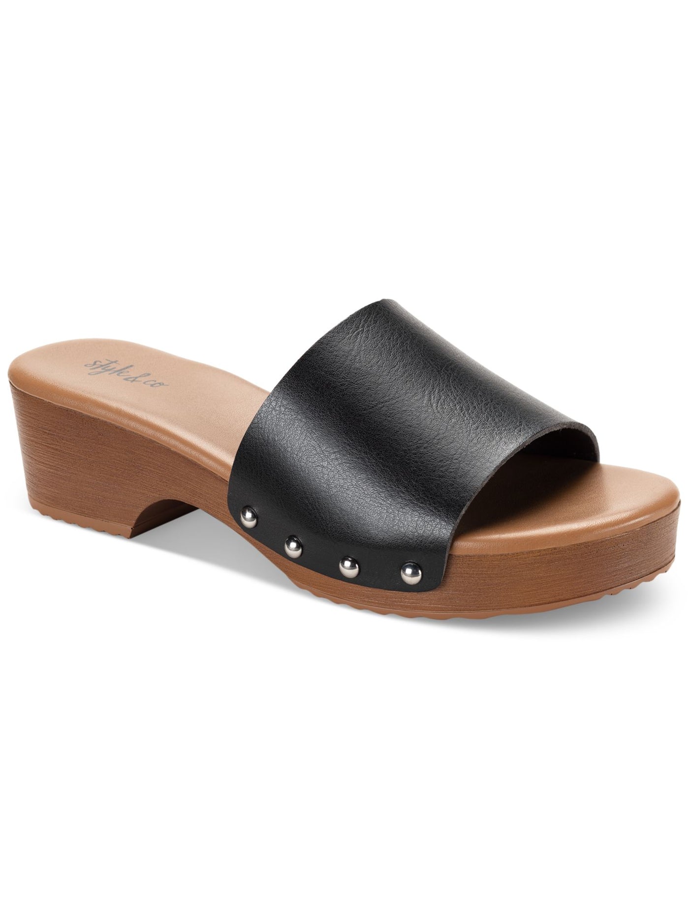 STYLE & COMPANY Womens Black 1" Platform Studded Padded Deviee Round Toe Block Heel Slip On Slide Sandals Shoes 8 M