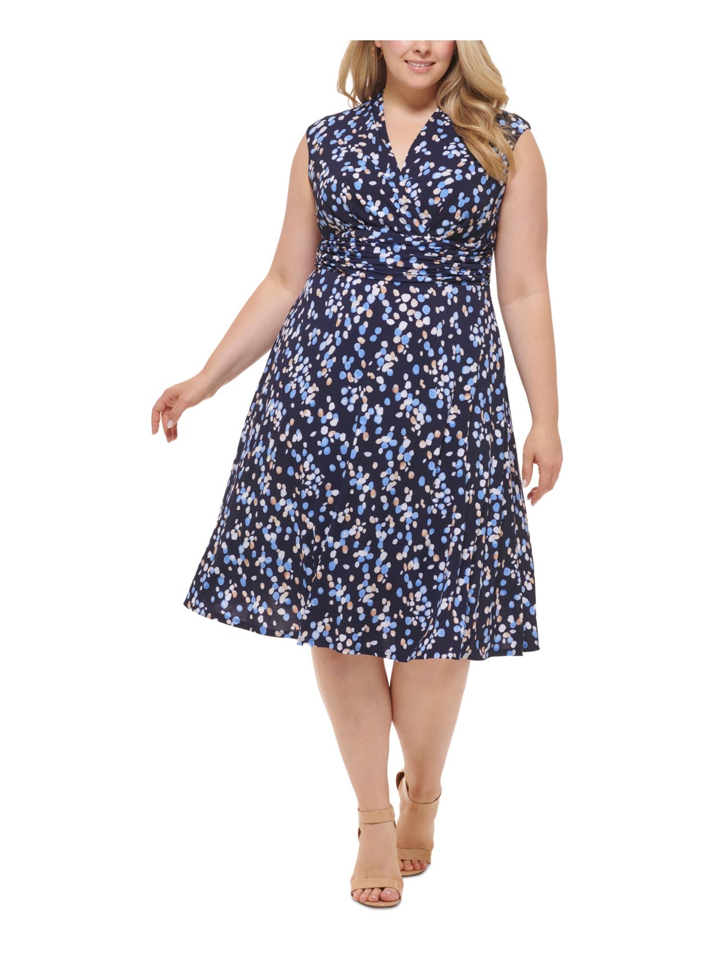 JESSICA HOWARD Womens Navy Zippered Lined Ruched Waist Printed Cap Sleeve Surplice Neckline Below The Knee Wear To Work Fit + Flare Dress Plus 20W