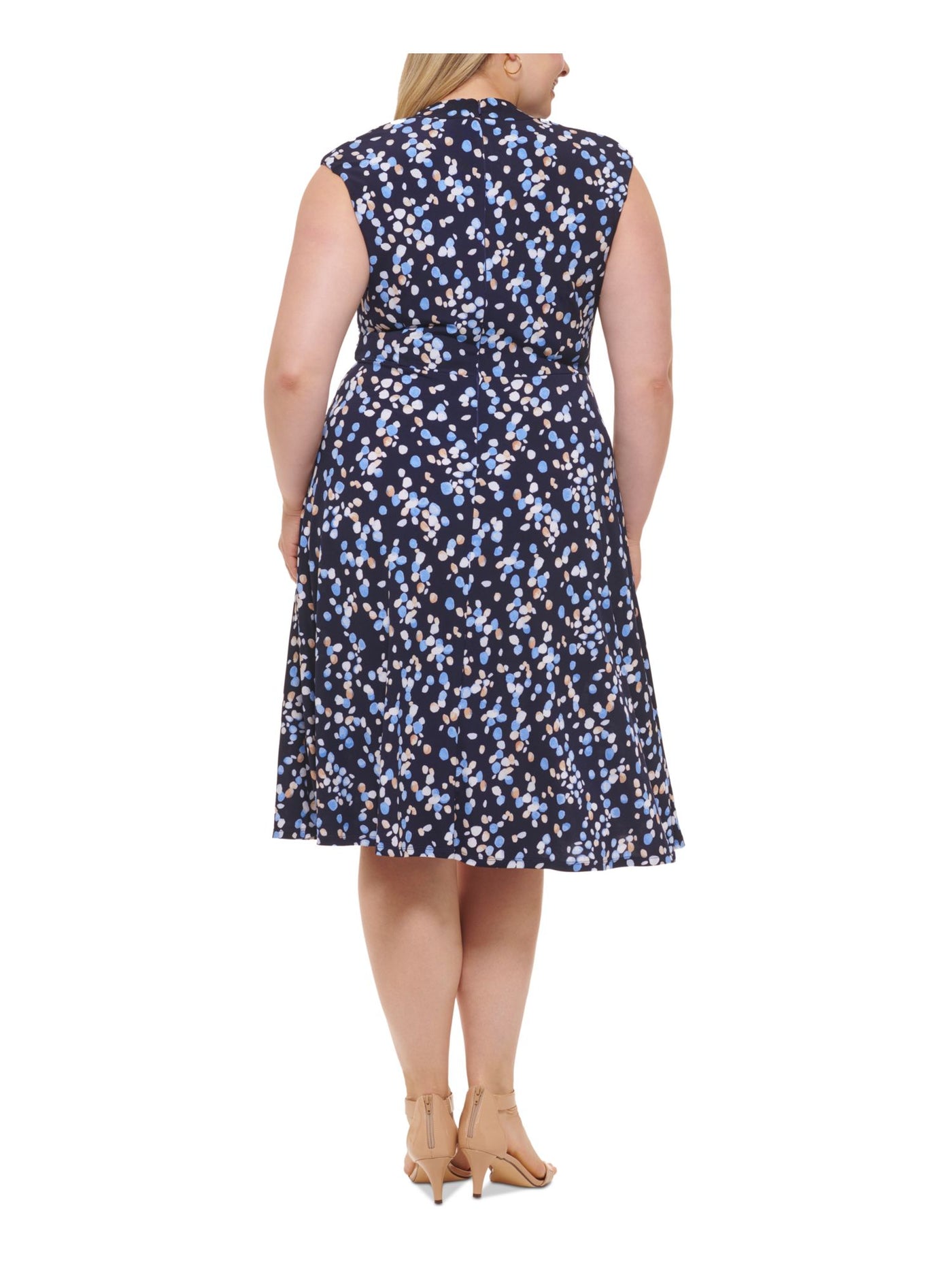 JESSICA HOWARD Womens Navy Zippered Lined Ruched Waist Printed Cap Sleeve Surplice Neckline Below The Knee Wear To Work Fit + Flare Dress Plus 20W