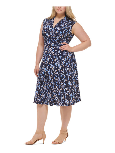 JESSICA HOWARD Womens Navy Zippered Lined Ruched Waist Printed Cap Sleeve Surplice Neckline Below The Knee Wear To Work Fit + Flare Dress Plus 20W