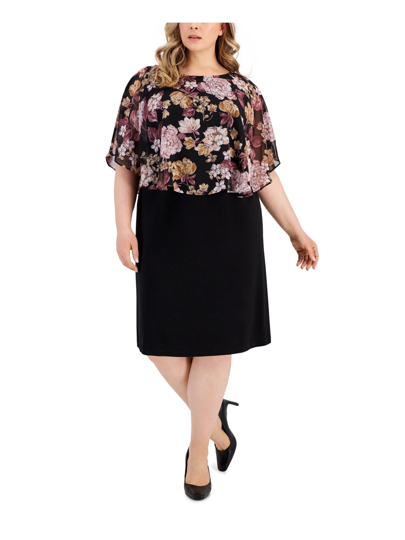 CONNECTED APPAREL Womens Black Jersey Round Neck Knee Length Sheath Dress Plus 20W