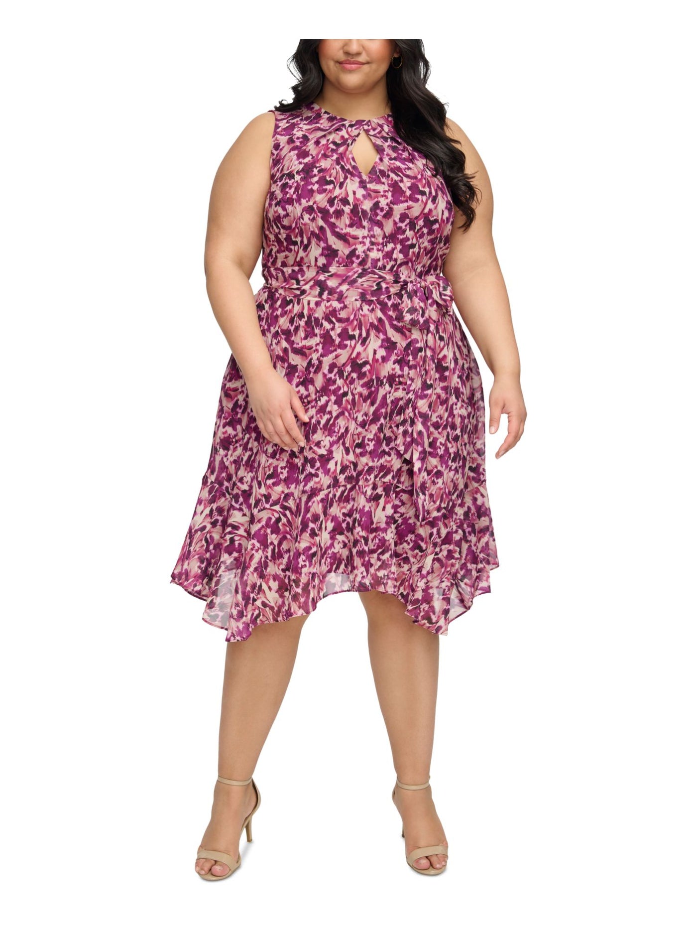 JESSICA HOWARD Womens Purple Lined Pocketed Handkerchief Hem Zippered Tie Printed Sleeveless Keyhole Below The Knee Party Fit + Flare Dress Plus 18W