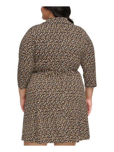 JESSICA HOWARD Womens Brown Zippered Self-tie Belt Printed 3/4 Sleeve Surplice Neckline Above The Knee Wear To Work Sheath Dress Plus 24W