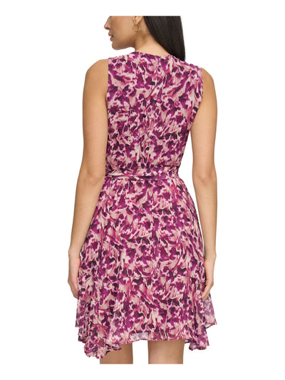 JESSICA HOWARD Womens Pink Pleated Zippered Tie-belt Flounce Hem Lined Printed Sleeveless Keyhole Above The Knee Party Fit + Flare Dress Petites 14P