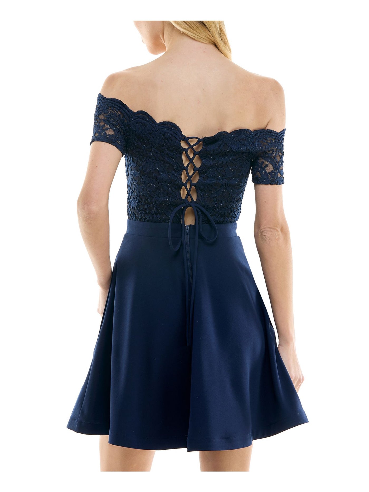 CITY STUDIO Womens Navy Scalloped Pocketed Lace Bodice Zippered Short Sleeve Off Shoulder Short Party Fit + Flare Dress Juniors 9\10