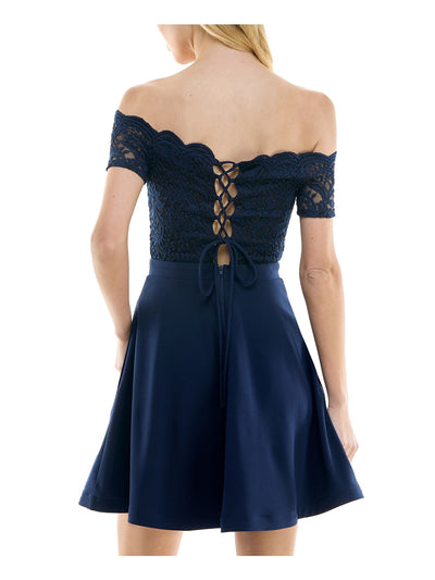CITY STUDIO Womens Navy Scalloped Pocketed Lace Bodice Zippered Short Sleeve Off Shoulder Short Party Fit + Flare Dress Juniors 9\10