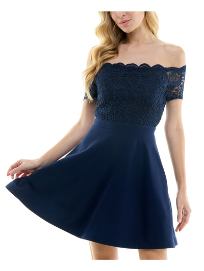 CITY STUDIO Womens Navy Scalloped Pocketed Lace Bodice Zippered Short Sleeve Off Shoulder Short Party Fit + Flare Dress Juniors 9\10