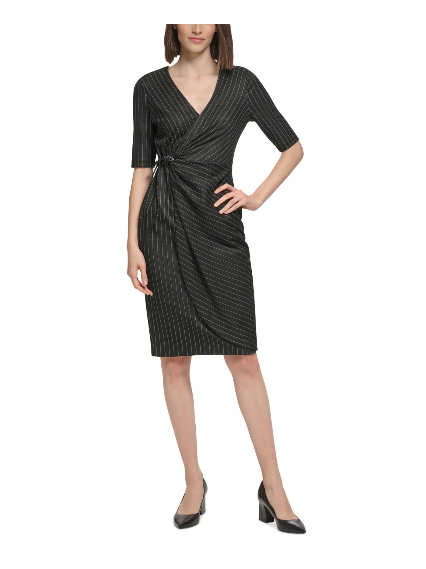 CALVIN KLEIN Womens Black Ruched Zippered Tie Side Hardware Trim Pinstripe Elbow Sleeve Surplice Neckline Knee Length Wear To Work Faux Wrap Dress 4