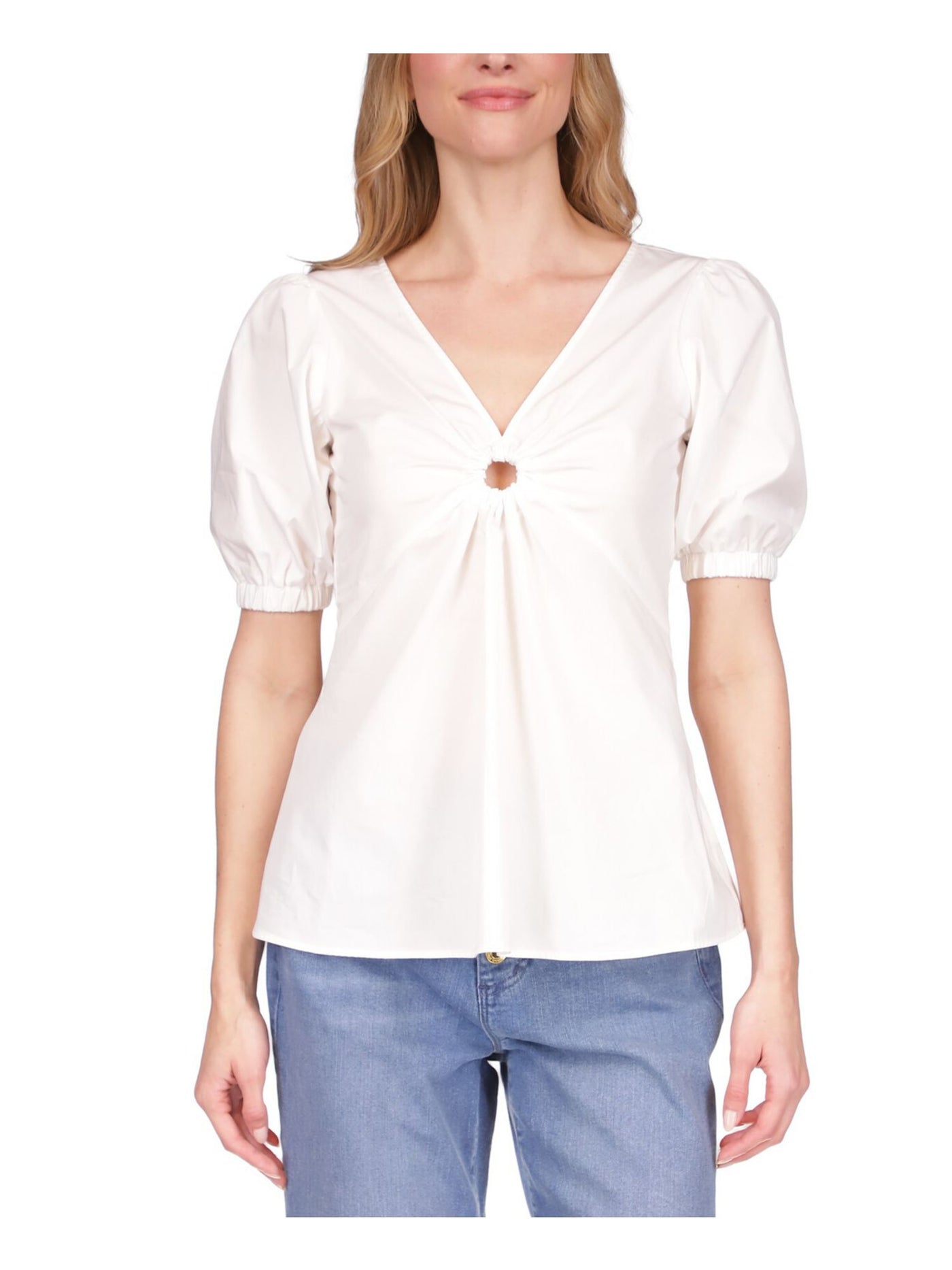 MICHAEL MICHAEL KORS Womens White Zippered Lined Ring Cutout Pouf Sleeve V Neck Top XS