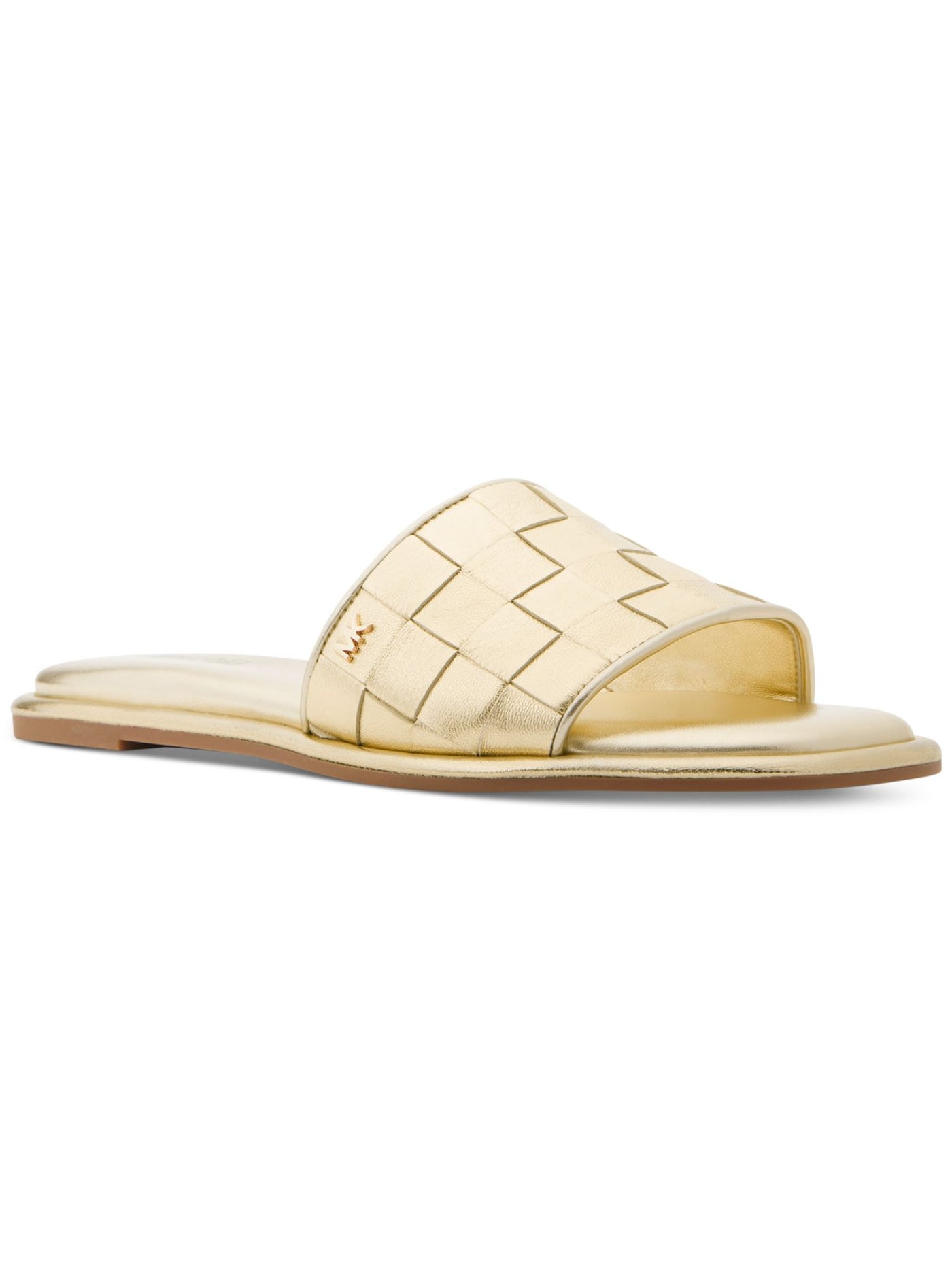 MICHAEL MICHAEL KORS Womens Gold Cushioned Goring Logo Accent Woven Metallic Hayworth Square Toe Slip On Leather Dress Slide Sandals Shoes 7