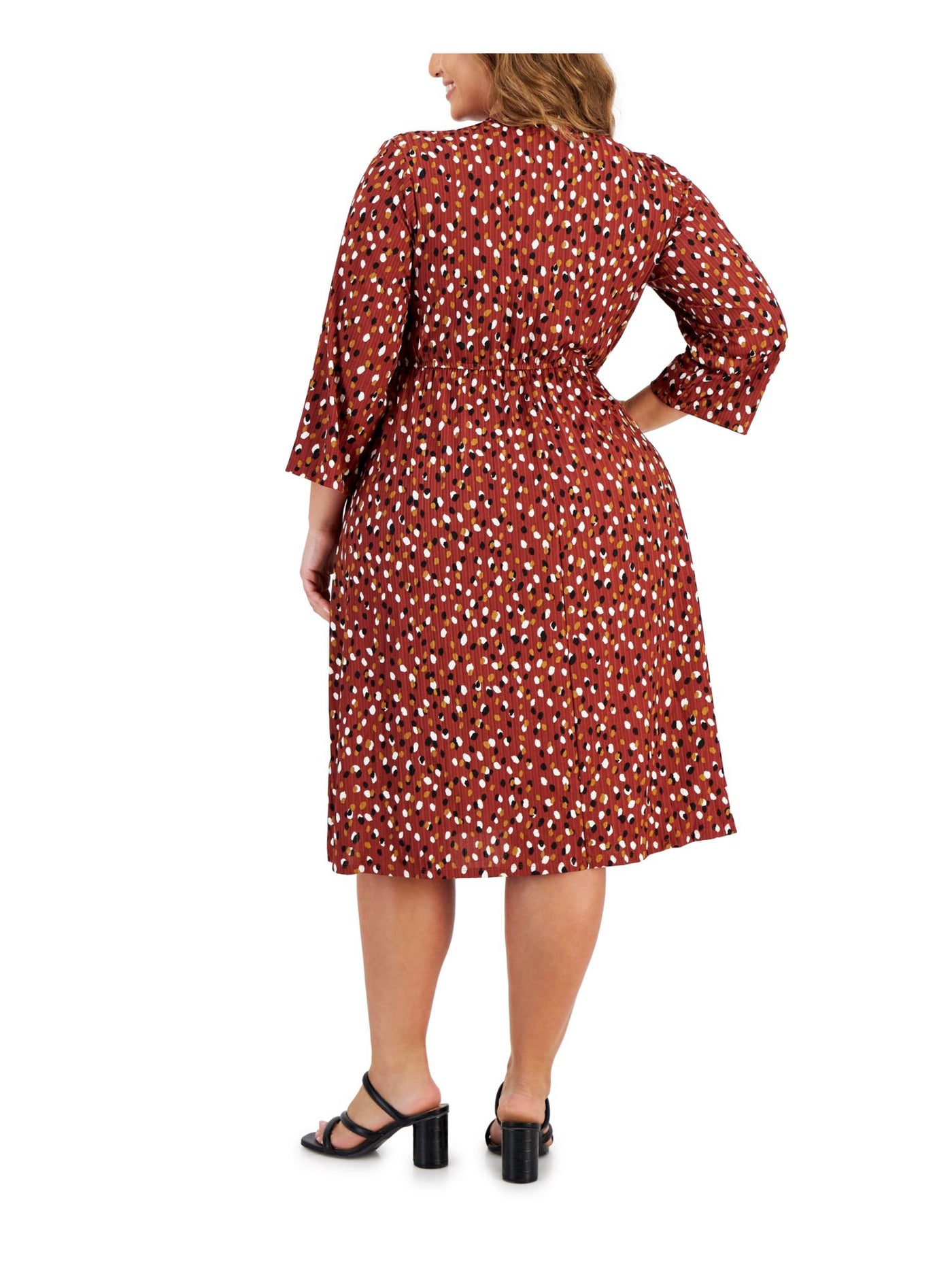 SIGNATURE BY ROBBIE BEE Womens Brown Textured Ribbed D-ring Gathered Side Polka Dot 3/4 Sleeve Surplice Neckline Above The Knee Wear To Work Faux Wrap Dress Plus 3X