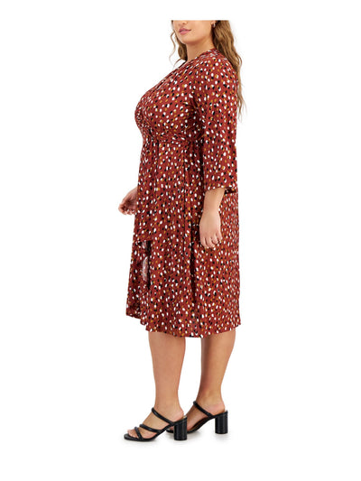 SIGNATURE BY ROBBIE BEE Womens Brown Textured Ribbed D-ring Gathered Side Polka Dot 3/4 Sleeve Surplice Neckline Above The Knee Wear To Work Faux Wrap Dress Plus 3X