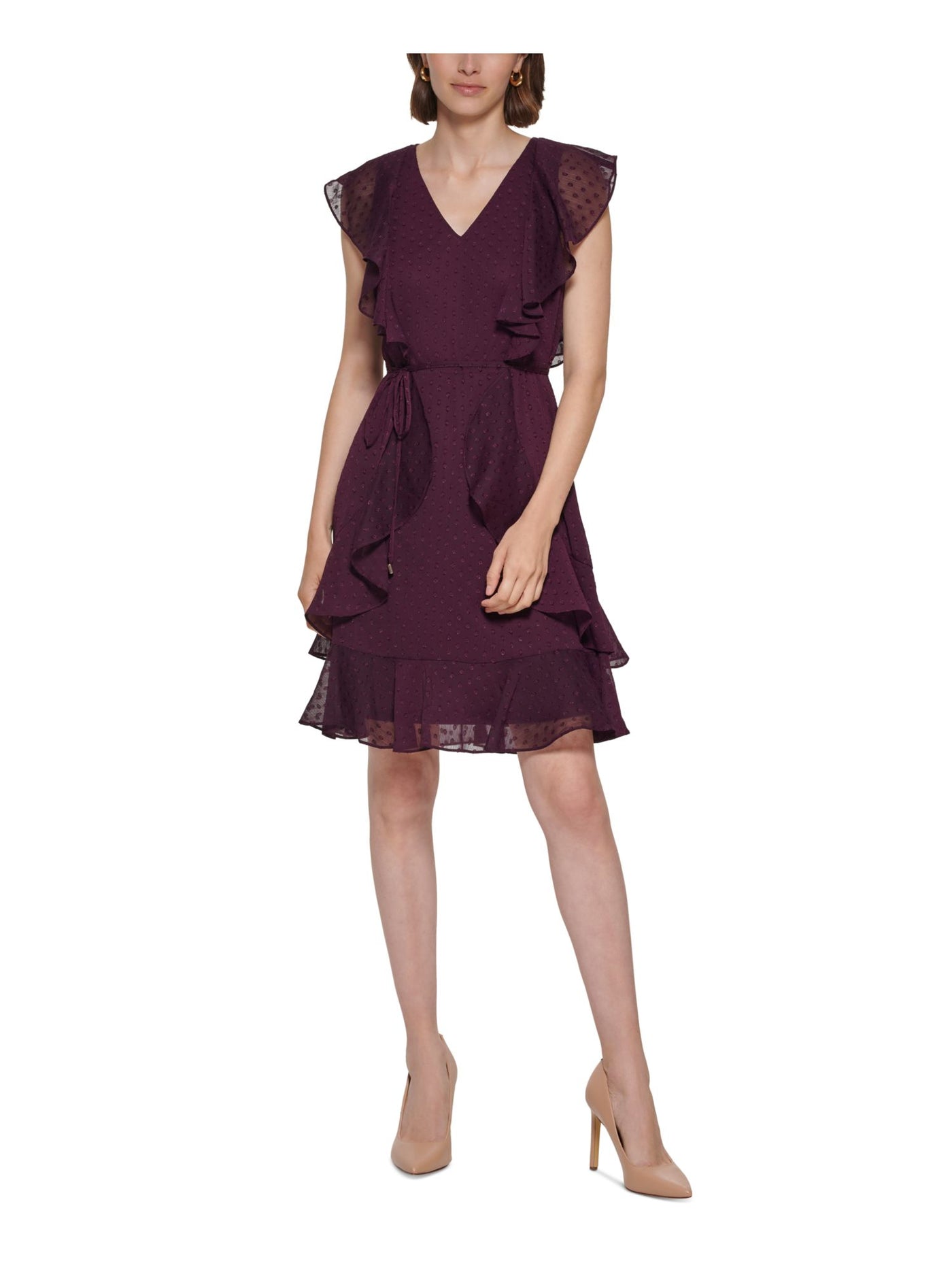 TOMMY HILFIGER Womens Purple Ruffled Zippered Self-tie Belt Lined Flutter Sleeve V Neck Above The Knee Party Fit + Flare Dress 4