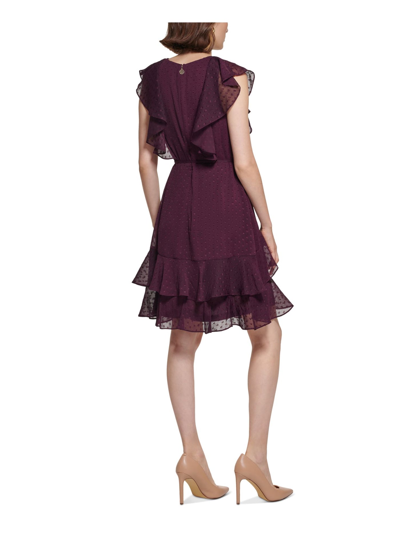 TOMMY HILFIGER Womens Purple Ruffled Zippered Self-tie Belt Lined Flutter Sleeve V Neck Above The Knee Party Fit + Flare Dress 4