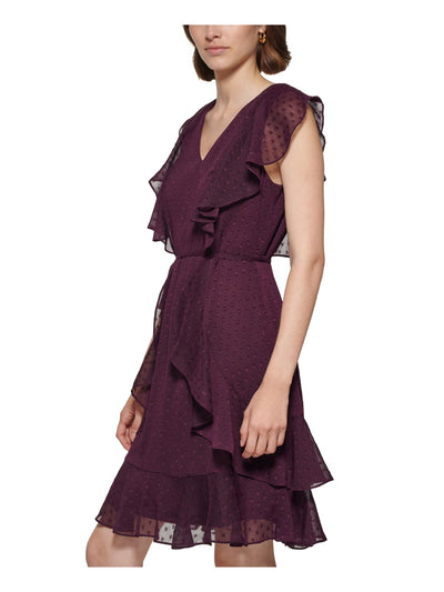 TOMMY HILFIGER Womens Purple Ruffled Zippered Self-tie Belt Lined Flutter Sleeve V Neck Above The Knee Party Fit + Flare Dress 4