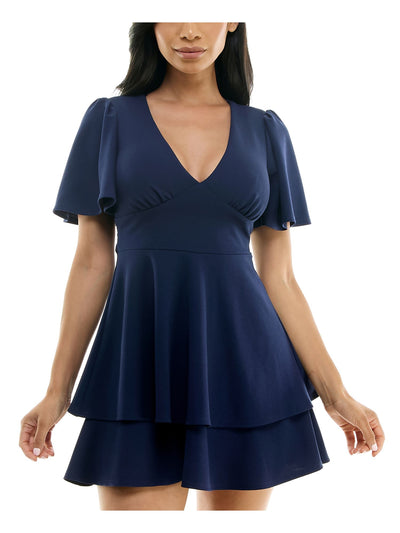 B DARLIN Womens Navy Zippered Gathered Keyhole Back Tiered Skirt Tie Flutter Sleeve V Neck Short Fit + Flare Dress Juniors 0